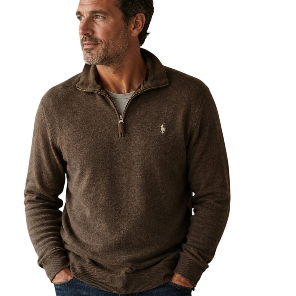 POLO Ralph Lauren Quarter Zip Pullover Mens Large Brown Ribbed Preppy Heritage